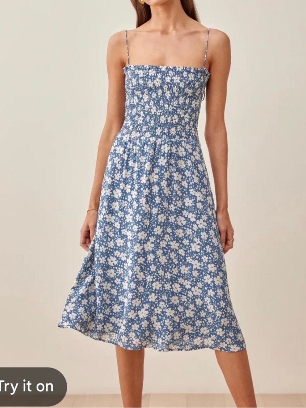 Reformation Sable Smocked Tie Midi Dress In Mari Blue White Floral